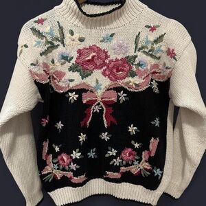 Vintage Cream Pink & Black Embroidered Bows Florals Hand-knit Sweater Women’s Sm